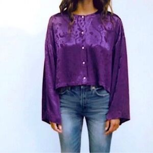 Zara Cropped Top Blouse Satin Jacquard Purple Button Down XS